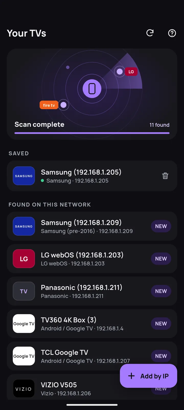 TV discovery screen listing the TVs found on Wi-Fi