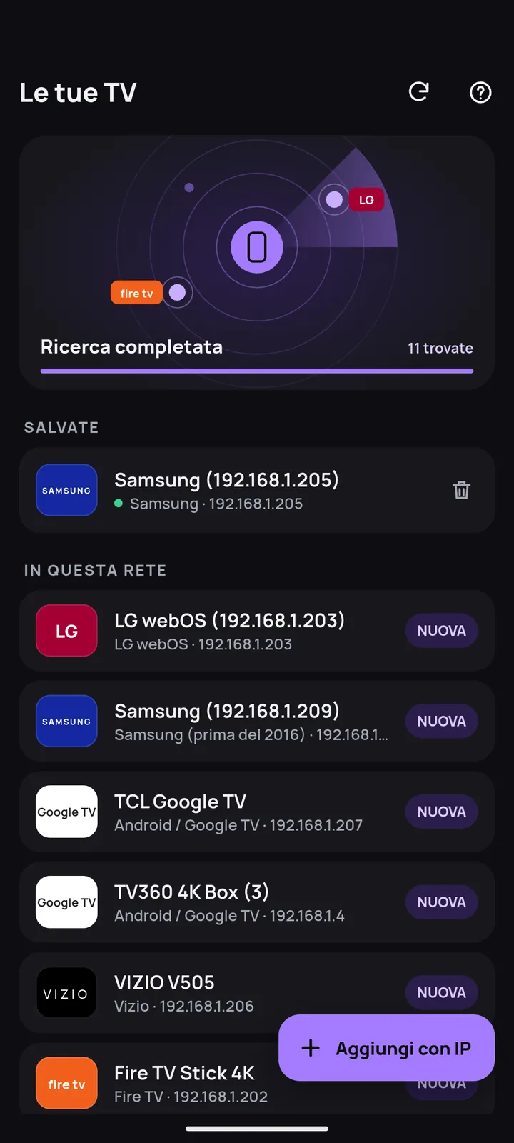 Schermata di ricerca con le TV trovate nel Wi-Fi