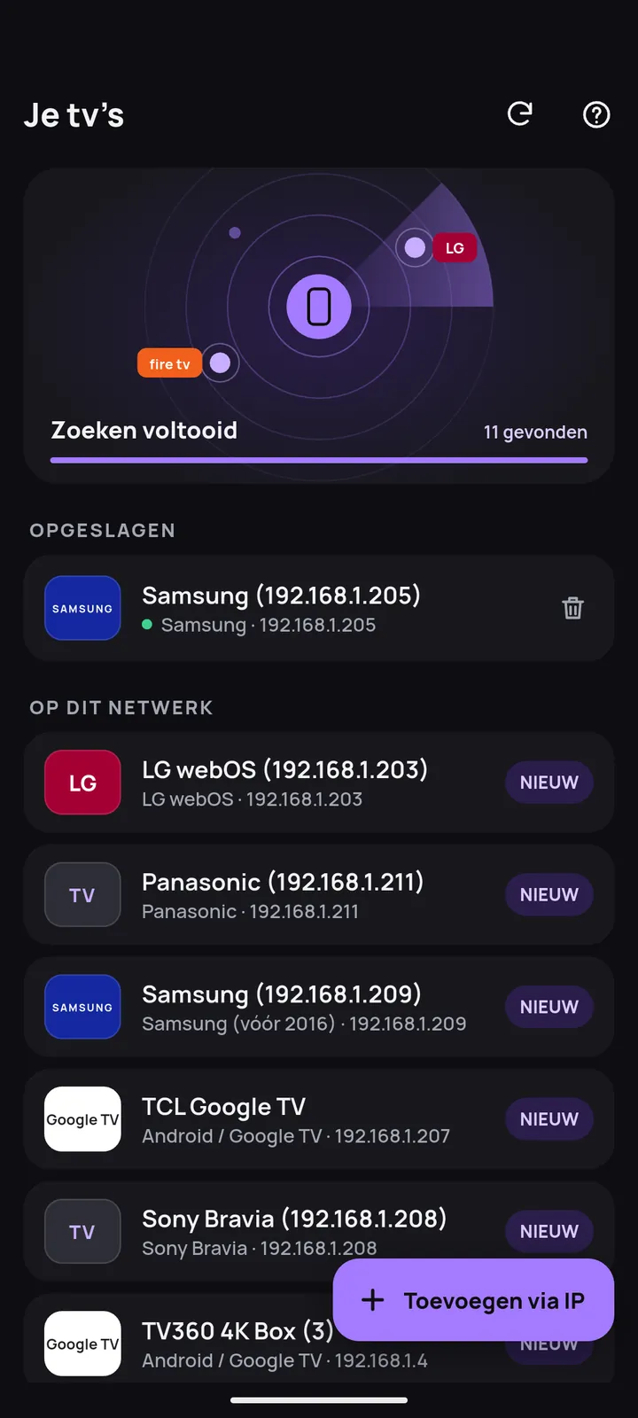 Zoekscherm met de tv's die op wifi zijn gevonden