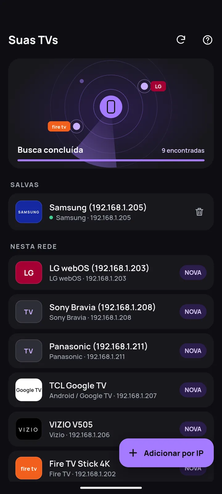 Tela de busca com as TVs encontradas no Wi-Fi