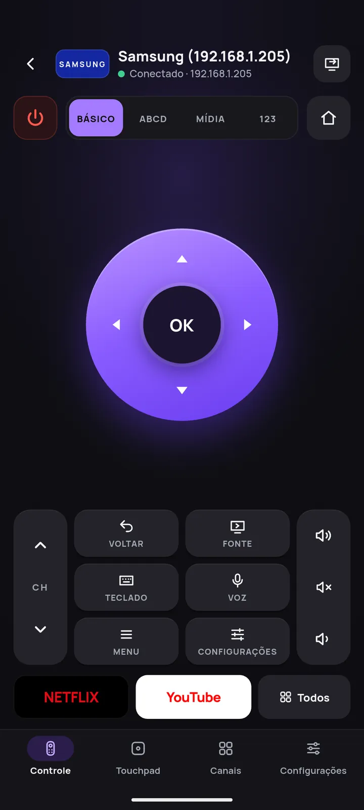 Tela do controle do Remoto conectada a uma TV Samsung, com direcional, volume, canais e atalhos de apps