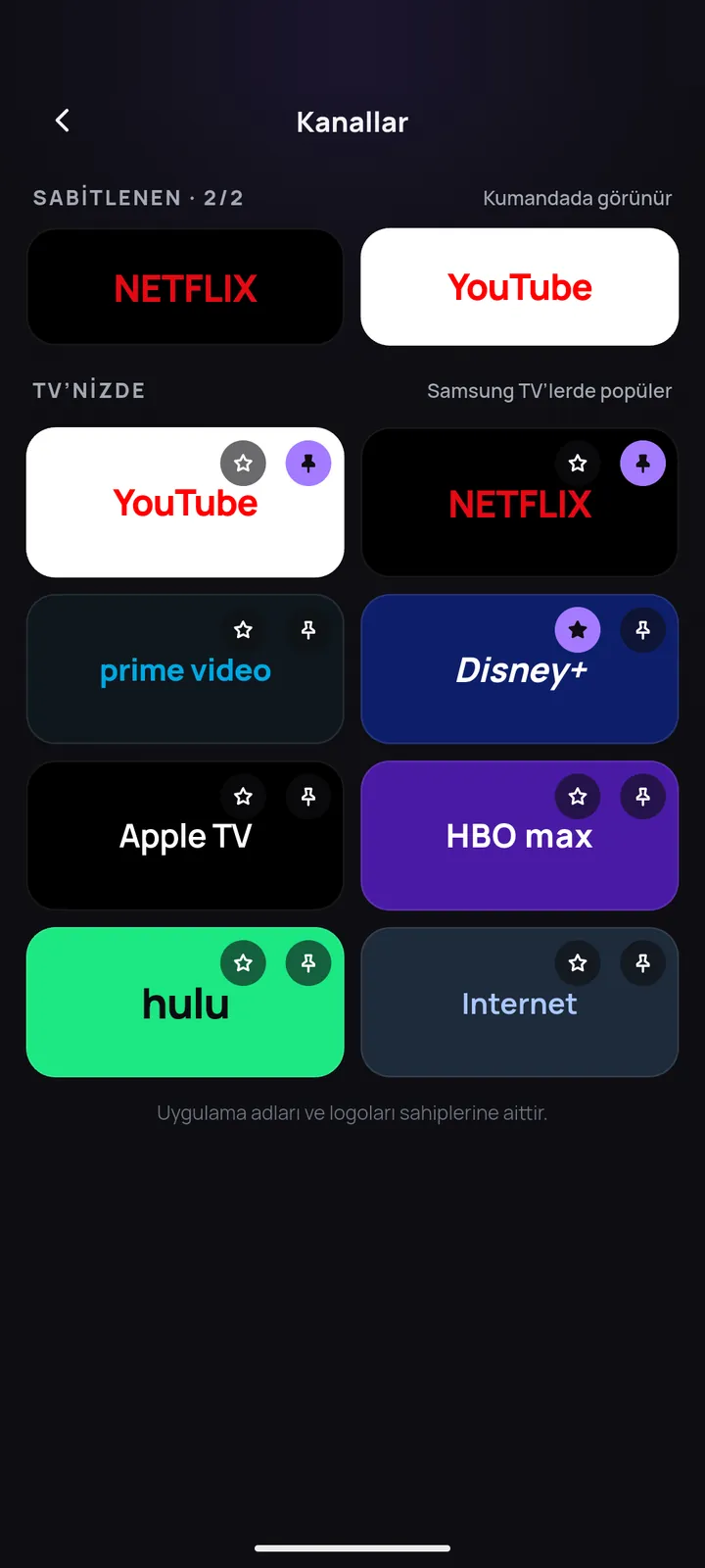 TV'de yüklü uygulamaların listesi