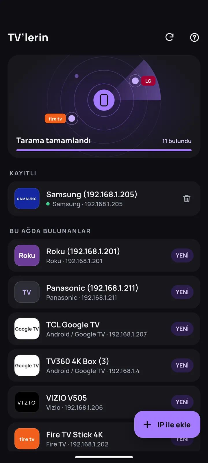 Wi-Fi ağında bulunan televizyonları listeleyen arama ekranı