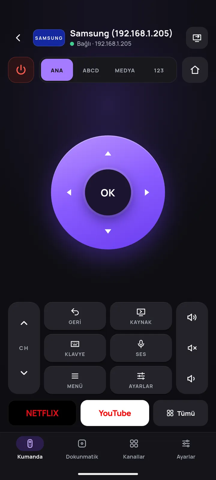Samsung TV'ye bağlı Remoto kumanda ekranı; yön tuşları, ses, kanal ve uygulama kısayolları