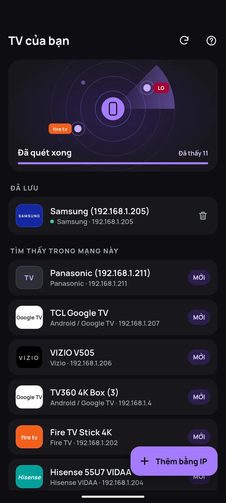 Màn hình tìm TV, liệt kê các TV tìm thấy trong mạng Wi-Fi